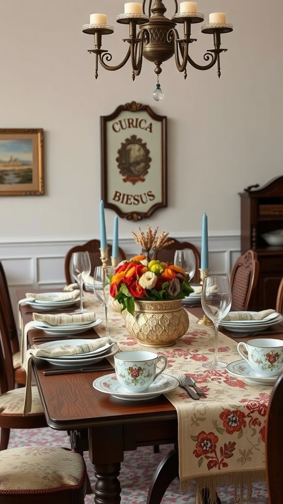 A heritage-inspired dining room table setting with floral table runner, delicate china, and a vibrant flower centerpiece.