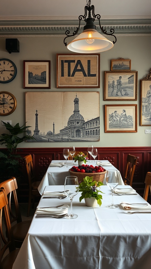 A luxurious Italian dining room with heritage wall art, showcasing framed prints and an inviting atmosphere.