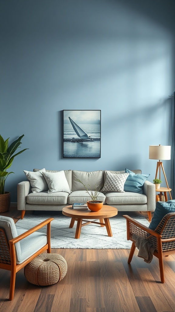 A cozy living room with Heron Blue walls, a minimalist couch, and a nautical painting.