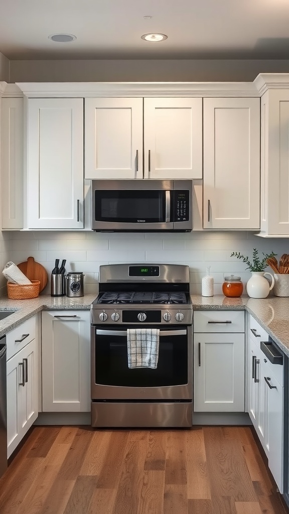 A modern farmhouse kitchen with hidden appliances and white cabinets.