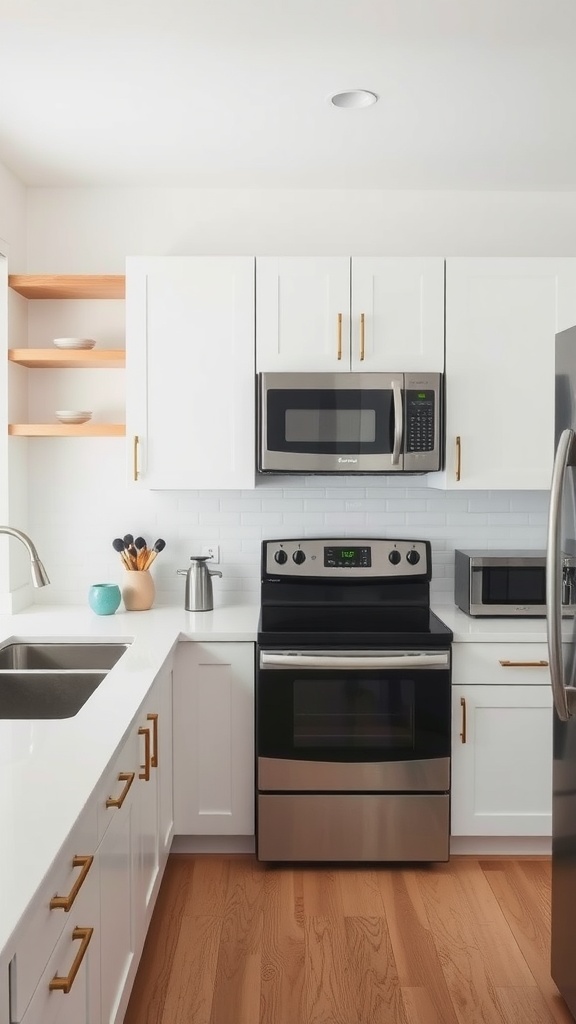 Modern small apartment kitchen with hidden appliances and open shelving