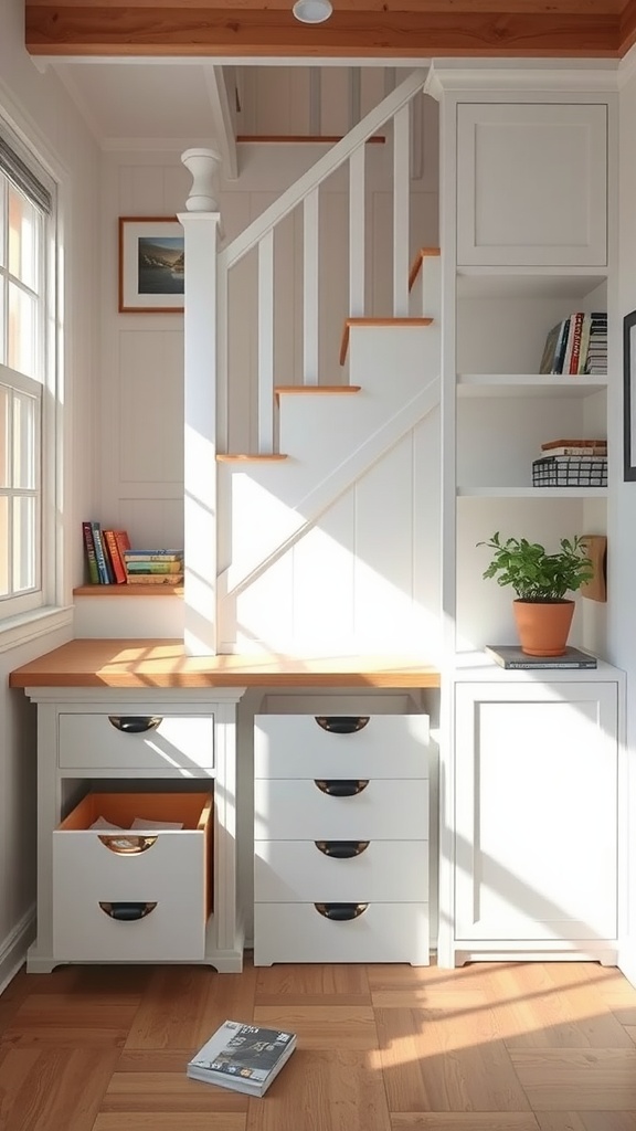 An organized workspace under a staircase featuring a small desk, drawers, and bookshelves.