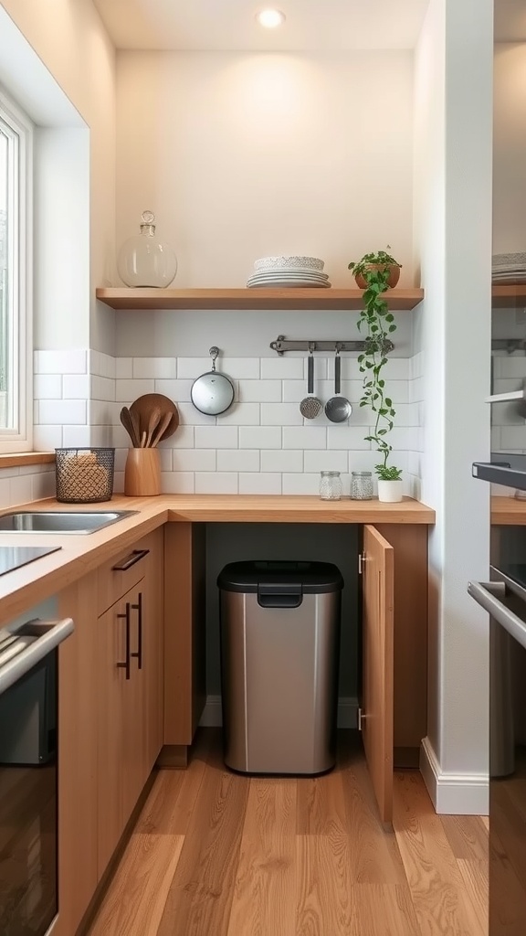 A small kitchen with a hidden trash bin in a corner cabinet