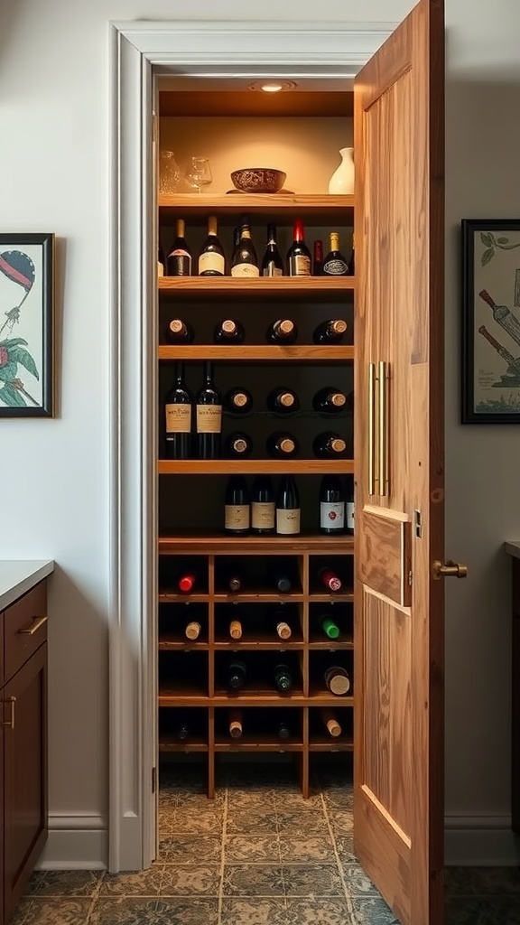 A wooden pantry door opens to reveal a hidden wine rack, showcasing neatly arranged bottles and glasses.