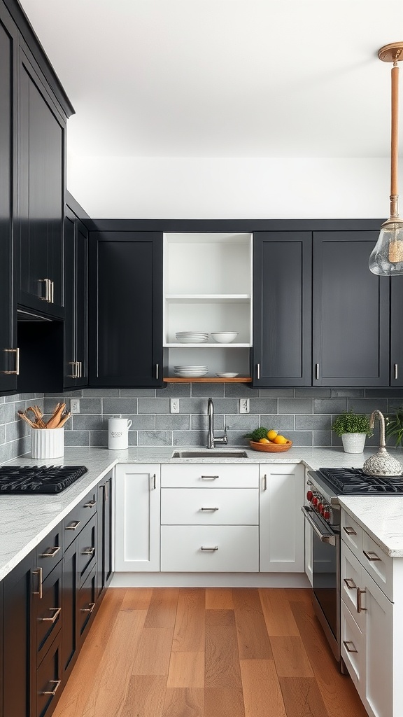 Modern kitchen featuring high-contrast black and white cabinets