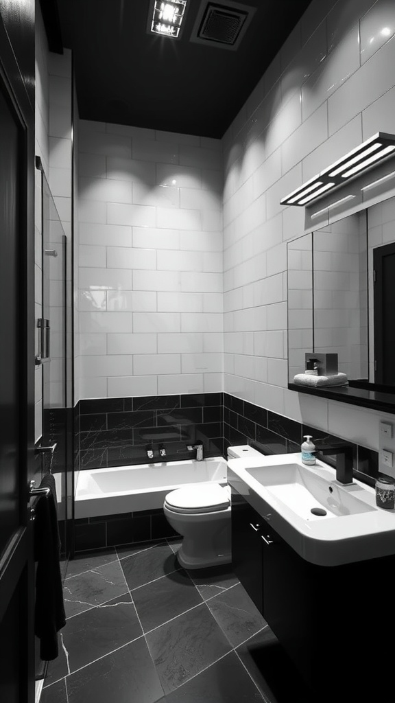 Modern high-contrast black and white bathroom featuring sleek tiles and stylish fixtures.