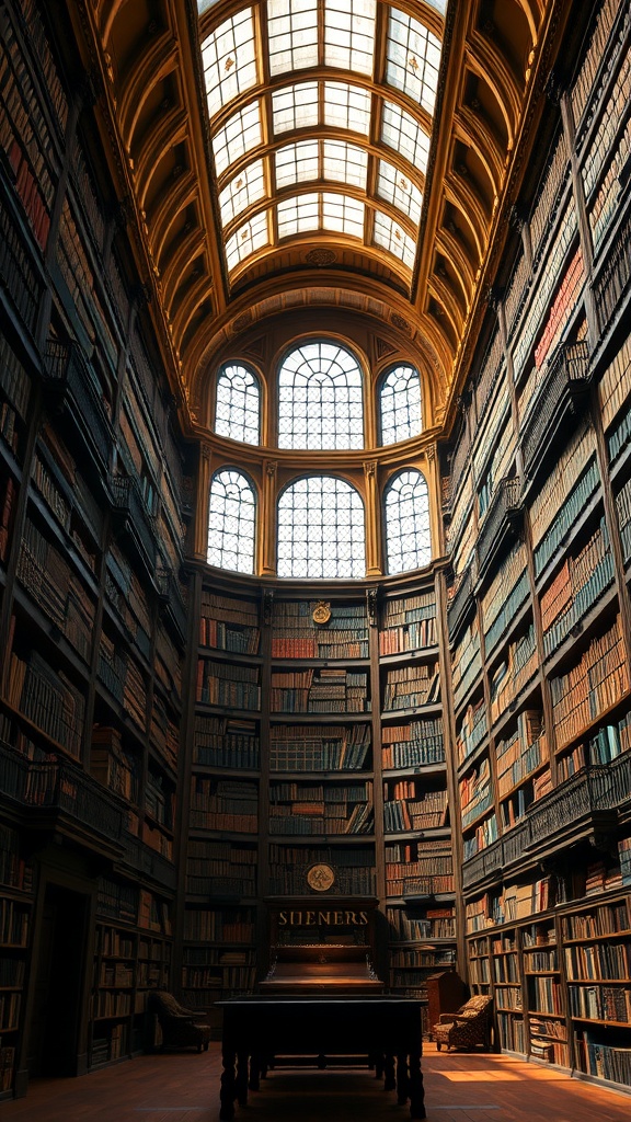 A grand library with high ceilings and walls filled with bookshelves, featuring large windows that let in natural light.