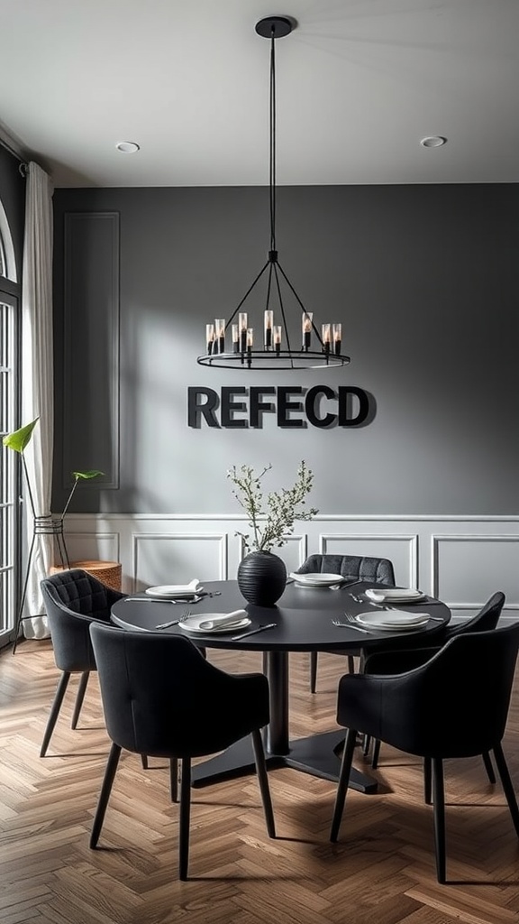 A modern dining area featuring high contrast elements, with grey walls, black furniture, and a stylish chandelier.