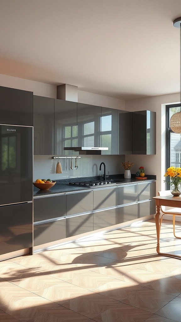 Modern kitchen with high gloss finish cabinetry, granite countertops, and stylish decor.