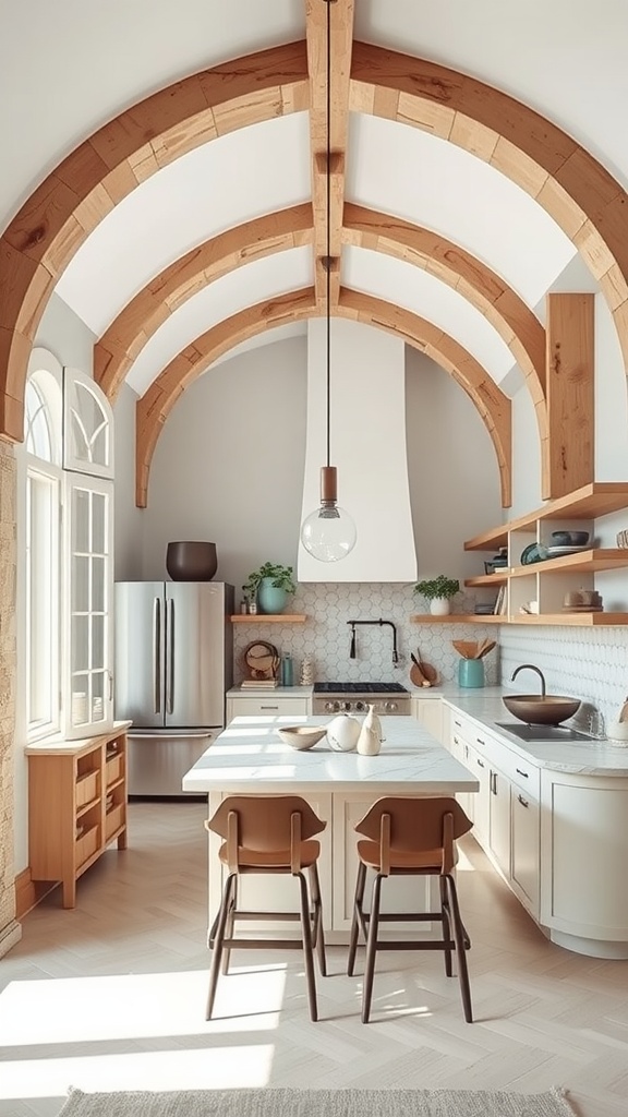 A beautifully designed U-shaped kitchen featuring wooden beams and modern appliances.