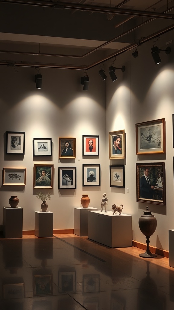 A gallery wall with various framed artworks illuminated by spotlights, showcasing decorative features.