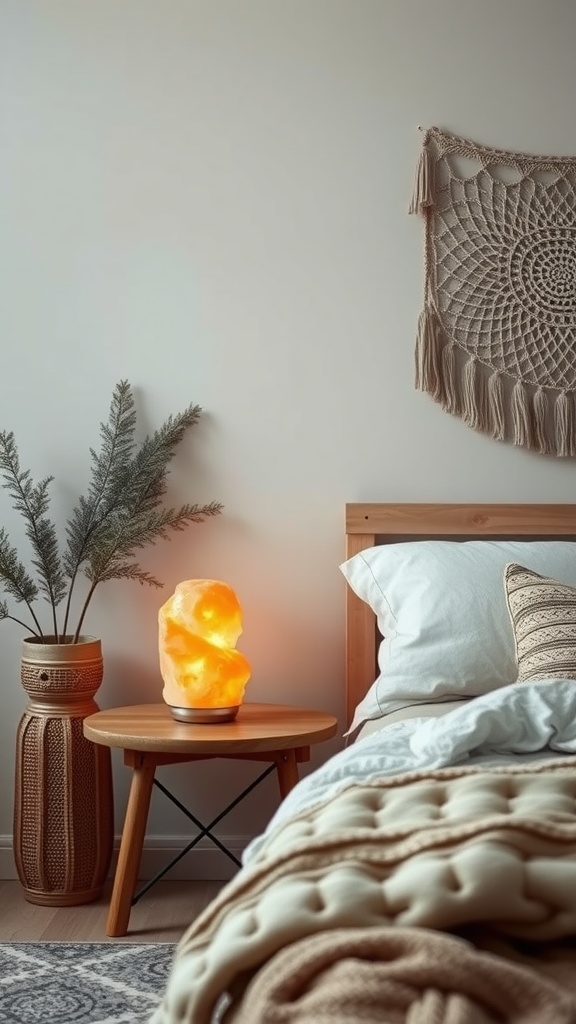 A cozy boho bedroom featuring a Himalayan salt lamp on a wooden table next to a bed, with woven wall decor and a plant.