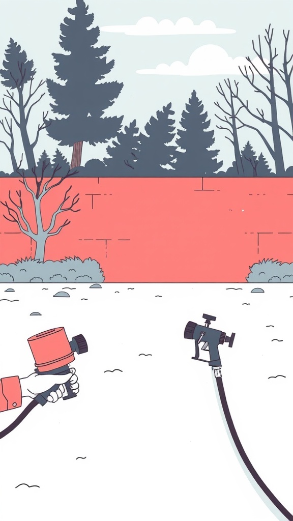 Illustration of a paint sprayer being held too close to a surface, with another sprayer shown further away, highlighting the importance of distance in spraying.