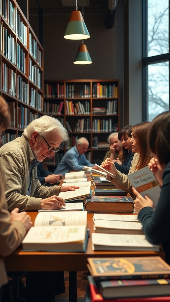 A group of people engaging in a reading session at a library, with books spread out on the table.