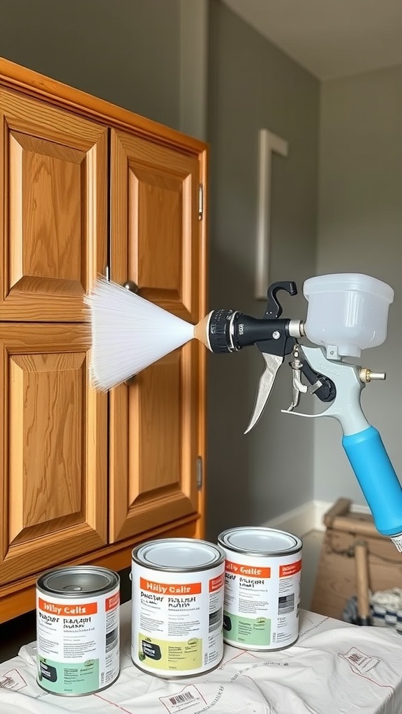 An HVLP spray gun is painting a wooden cabinet door with several paint cans beside it.