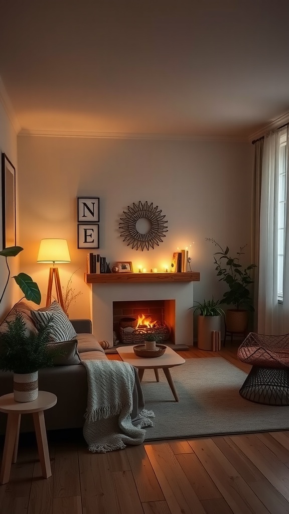 A cozy living room with warm lighting from a standing lamp, candles on the mantel, and a fireplace, complemented by plants and soft textiles.