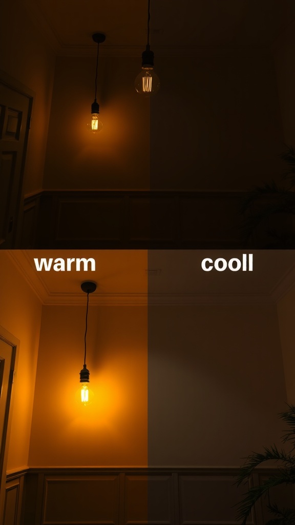 An image comparing warm and cool light fixtures in a hallway setting.