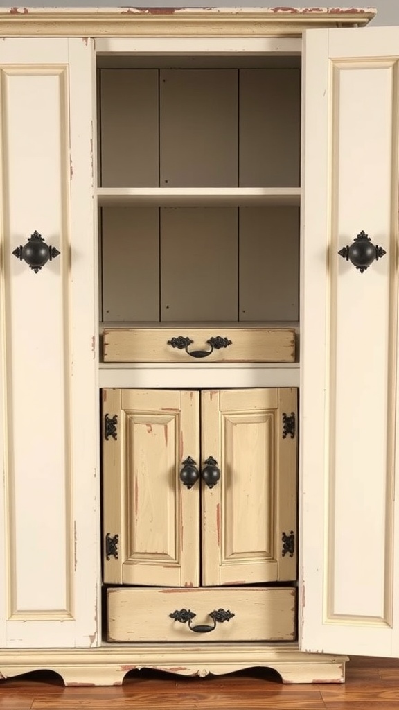 A vintage-style cabinet with black hardware and a cream finish, showcasing its drawers and doors.