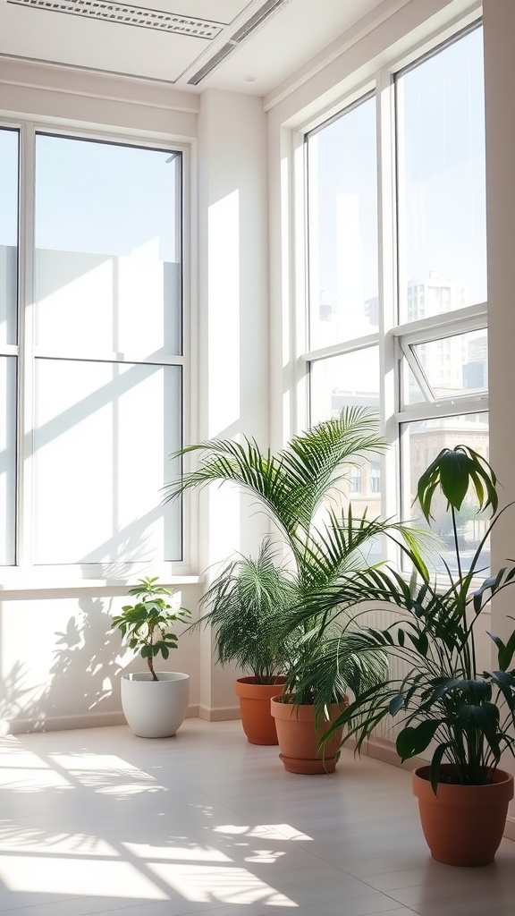 Bright room with large windows and indoor plants basking in natural light.