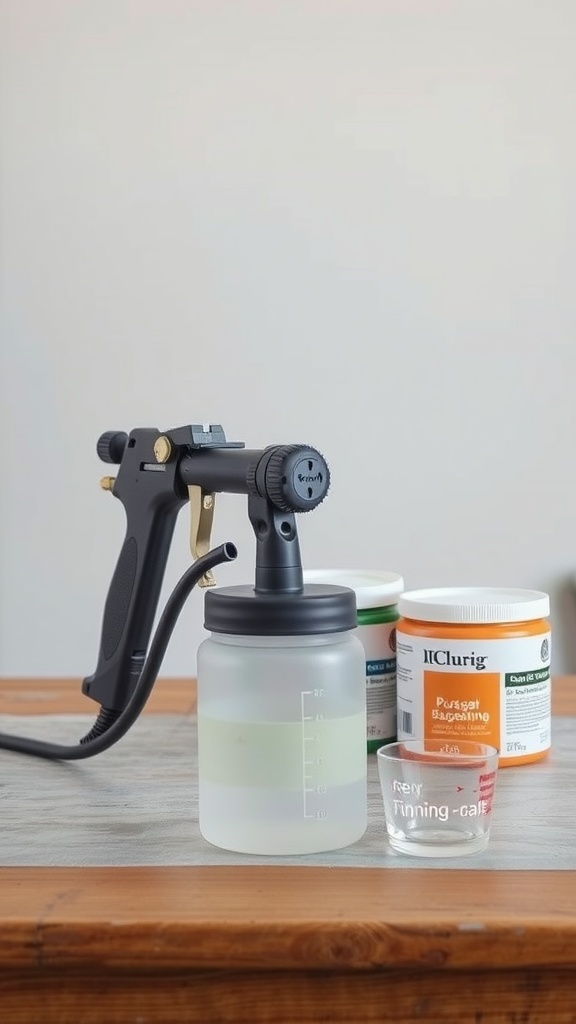 A paint sprayer with a clear container and various paint cans on a wooden surface.