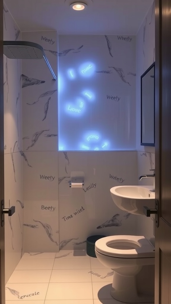 A bathroom with illuminated artwork on the wall, featuring glowing words and a modern design