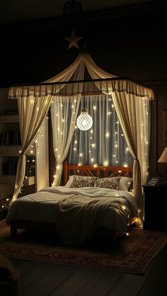 A cozy bedroom featuring an illuminated canopy with fairy lights, creating a warm atmosphere.