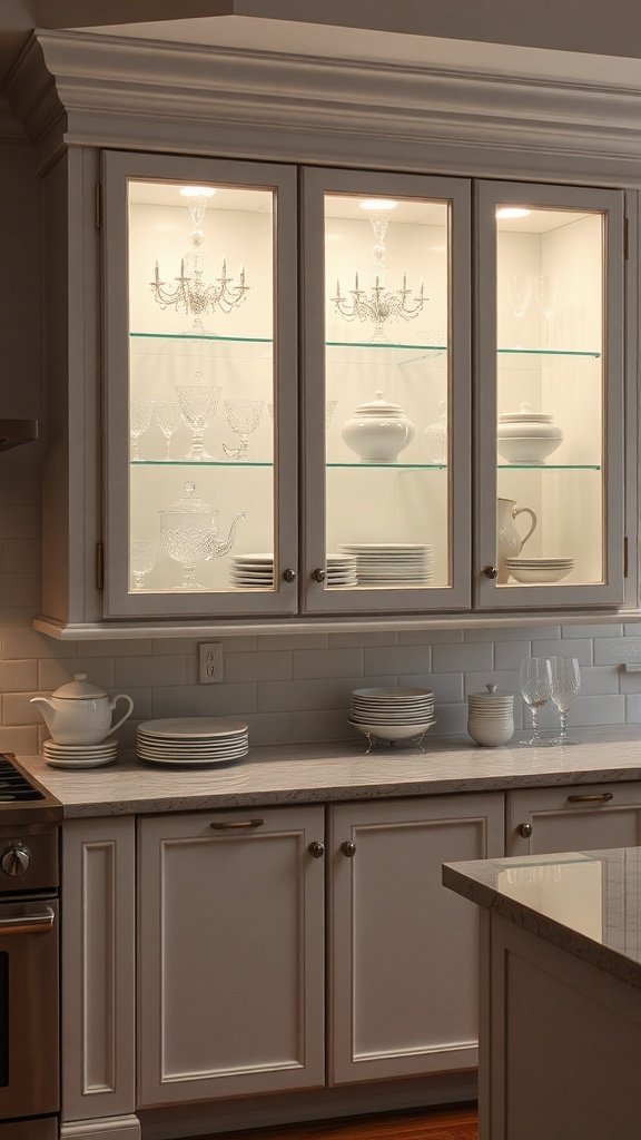 A kitchen with illuminated glass cabinets displaying elegant dishware and crystal glassware.