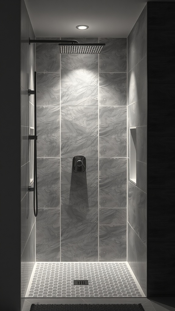 A modern shower with illuminated niche and textured tiles