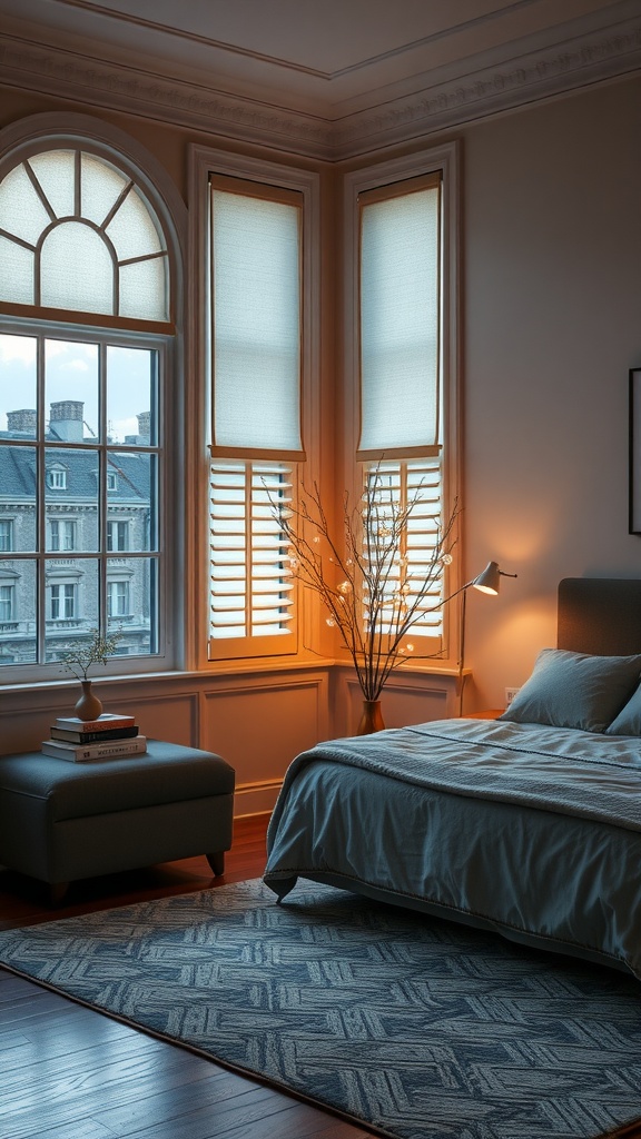 Cozy bedroom with illuminated window treatments and soft lighting