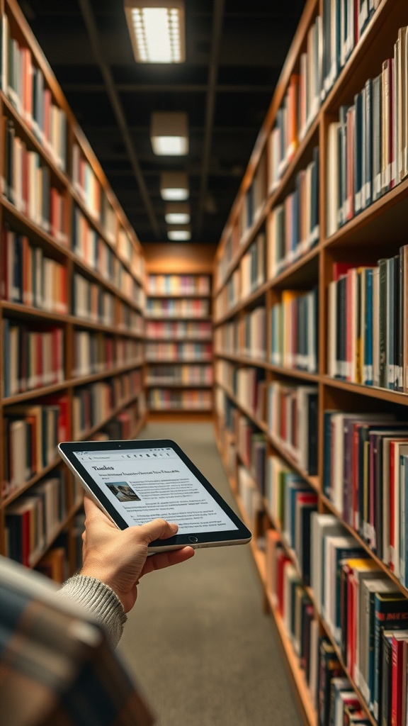 A person holding a tablet in a library aisle filled with books