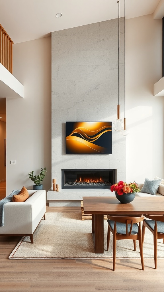 Living room and dining room combo featuring a modern fireplace, artwork, and a dining table.