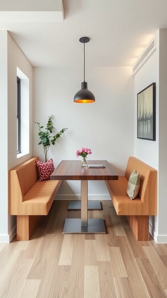 Cozy built-in benches with cushions and a wooden table in a bright dining area.