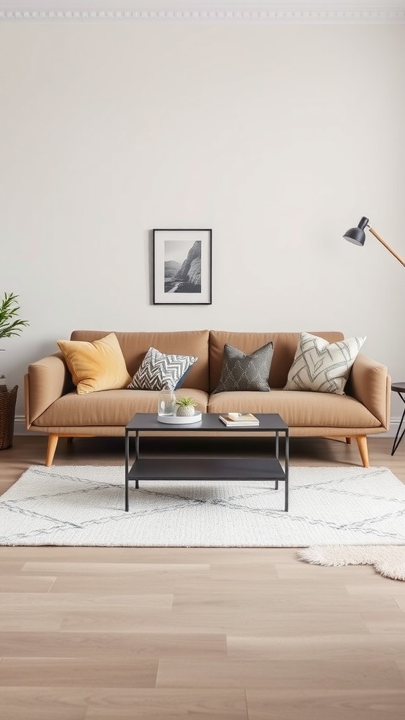 A modern living room featuring a cozy brown sofa with decorative pillows, a sleek black coffee table, and a light-colored rug.