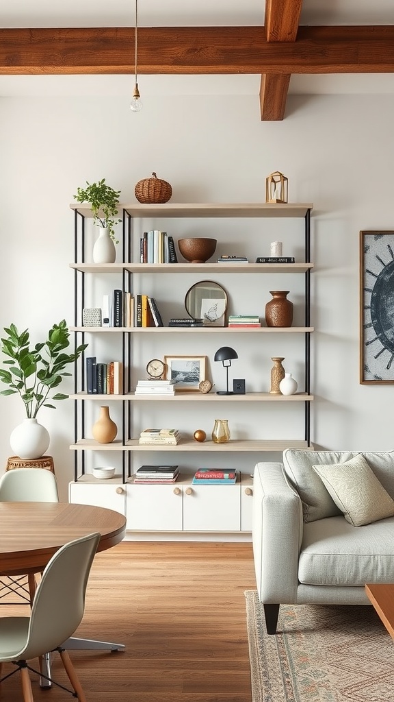 Modern open shelving unit displaying books, plants, and decorative items in a stylish living room and dining room combo.