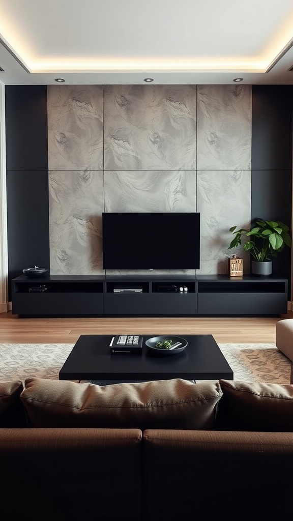 A modern living room with a sleek TV mounted on a stylish wall and cozy seating, creating a contemporary space.