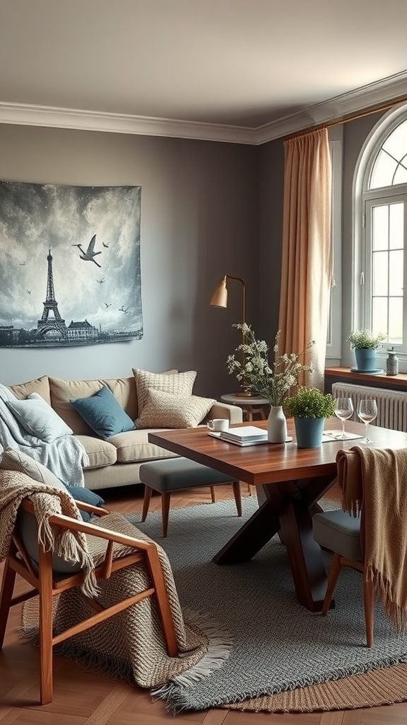 A cozy living room and dining room combo featuring a comfortable couch, wooden dining table, and decorative textiles like cushions and throws.