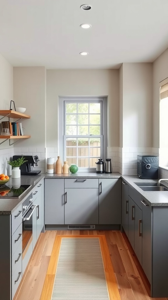 A modern U-shaped kitchen featuring a stylish coffee station, grey cabinetry, and organized shelves.
