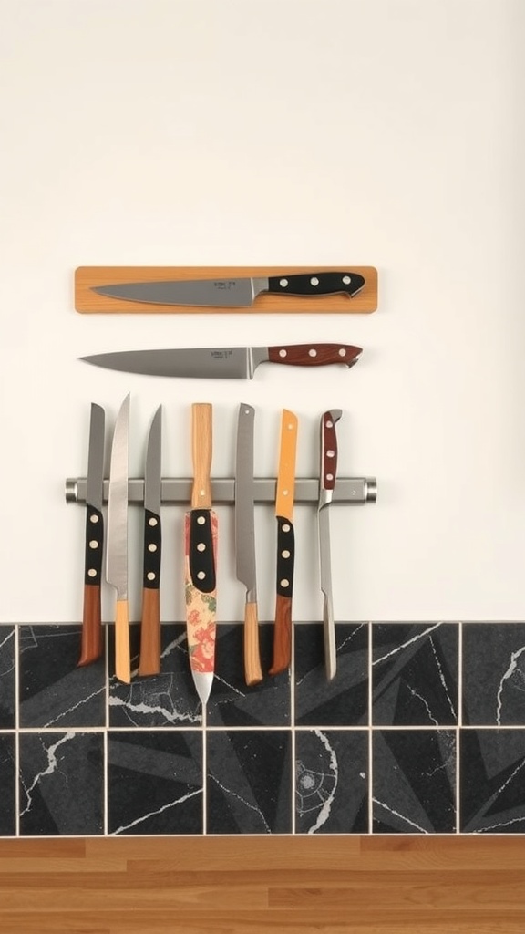 Magnetic knife strip with various knives mounted on a wall.