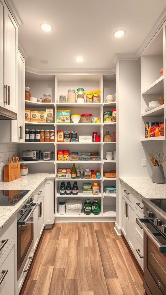 A well-organized pantry in a U-shaped kitchen with shelves filled with jars and containers.