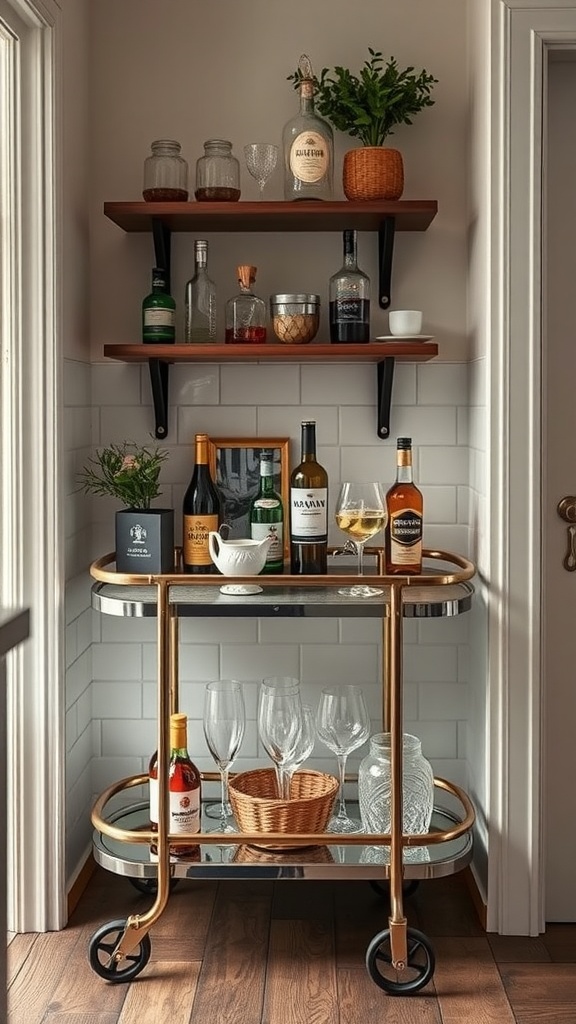 A small kitchen bar cart with drinks and glassware, set against a light wall with open shelving.