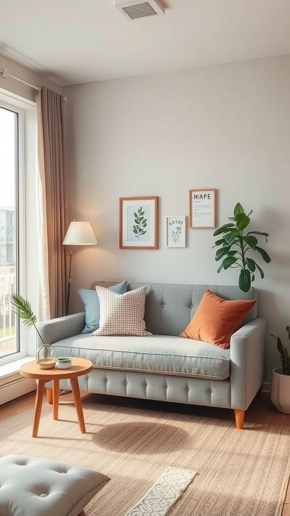 Cozy small sofa in a tiny home office setting, with colorful pillows and natural light.