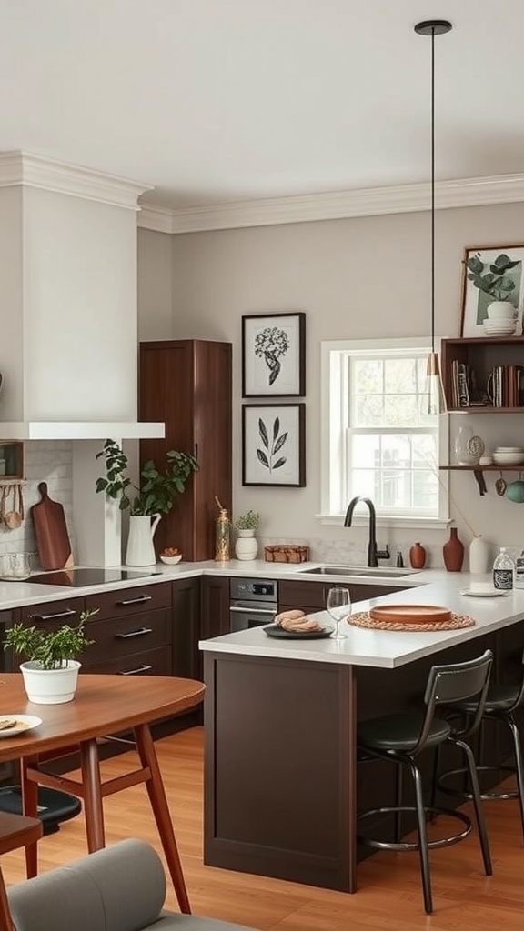 A modern U-shaped kitchen featuring art on the walls, stylish cabinetry, and stylish decor