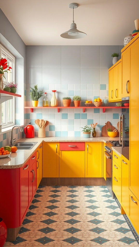 A bright U-shaped kitchen featuring yellow cabinets, red accents, and a patterned floor.