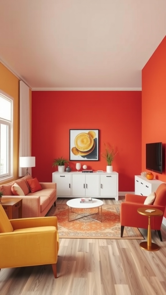 Cozy living room with red and orange color accents, showcasing a living dining room combo.