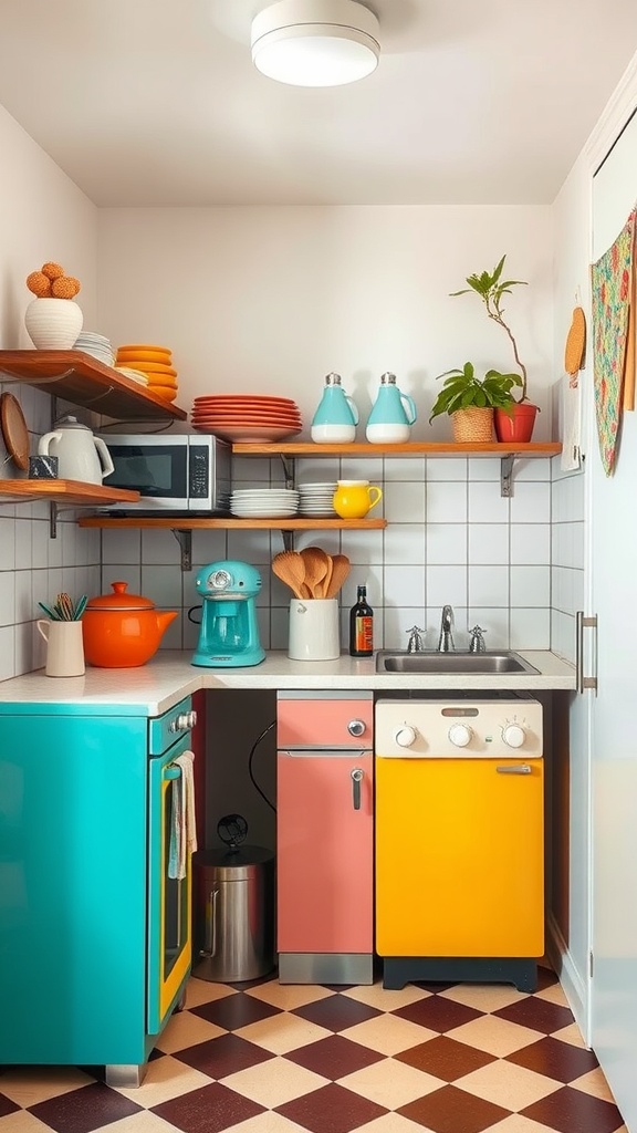 A colorful small apartment kitchen featuring teal, yellow, and pink appliances with open shelving displaying dishes and plants.