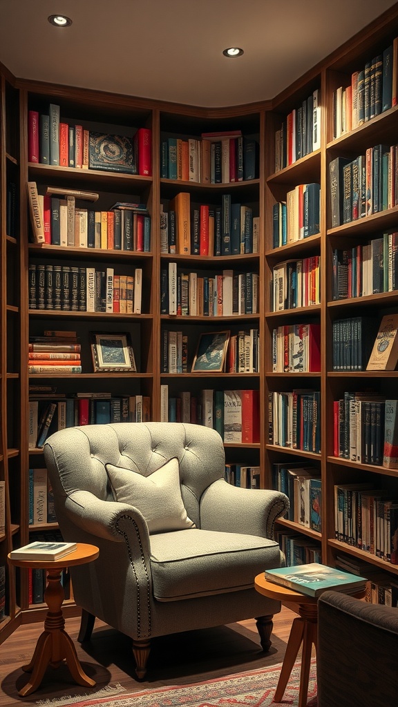 A cozy reading nook in a home library featuring a plush armchair and shelves filled with books.