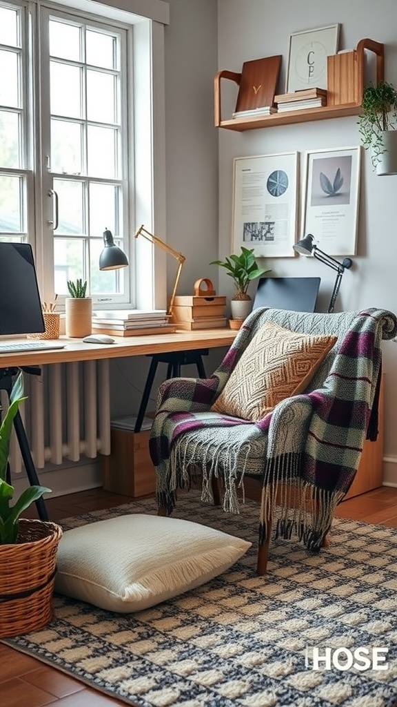 Cozy home office with a plaid throw on a chair, a pillow on the floor, and plants