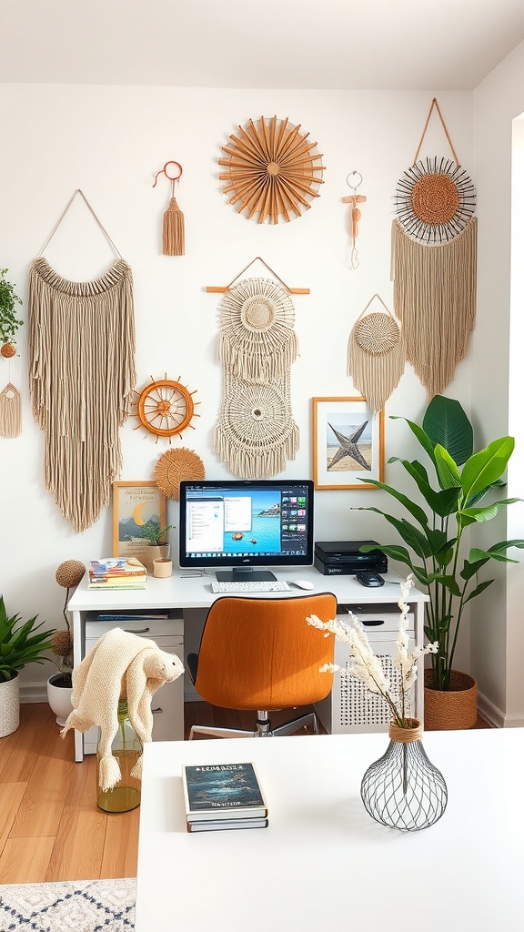 Cozy fall home office with DIY decor projects including macramé wall hangings and plants around a modern desk.