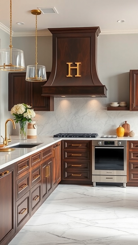 A stylish U-shaped kitchen with dark wood cabinets, marble countertops, and gold accents.