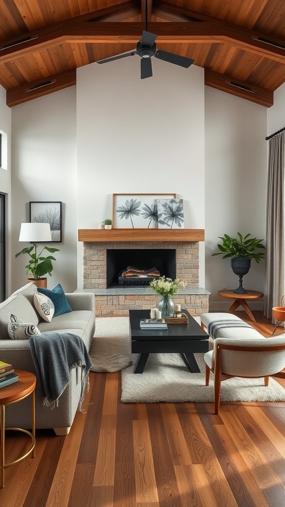 A modern farmhouse living room featuring a cozy gray sofa, wooden beams, a fireplace, and plants, embodying a blend of contemporary and heirloom design elements.